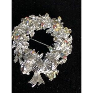 Stunning Vintage Rainbow Aurora Borealis wreath And Silver Ribbon Brooch